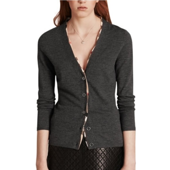Burberry Grey Merino Wool Check-Trim Plunge Neckline Cardigan - Picture 1 of 14